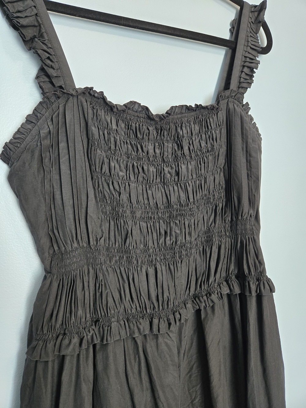 Laundry by Shelli Segal Black Silk Smocked Ruched Lace Ruffle Dress